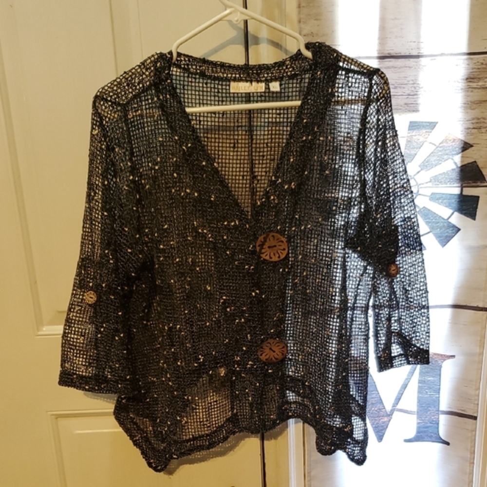 Chic Black Mesh Women's Cardigan with Button Accents